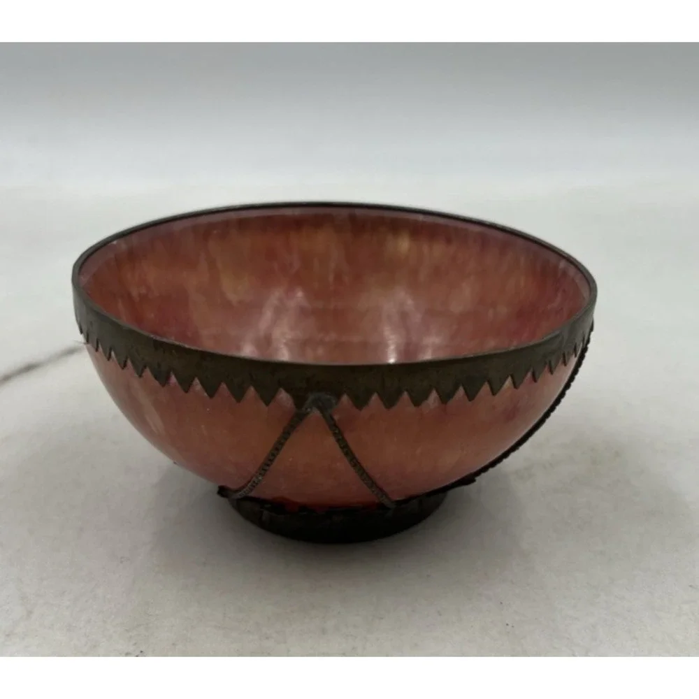 Antique Chinese Pink Crystal Soapstone Dragon & Phoenix Brass Bowl Home Decor